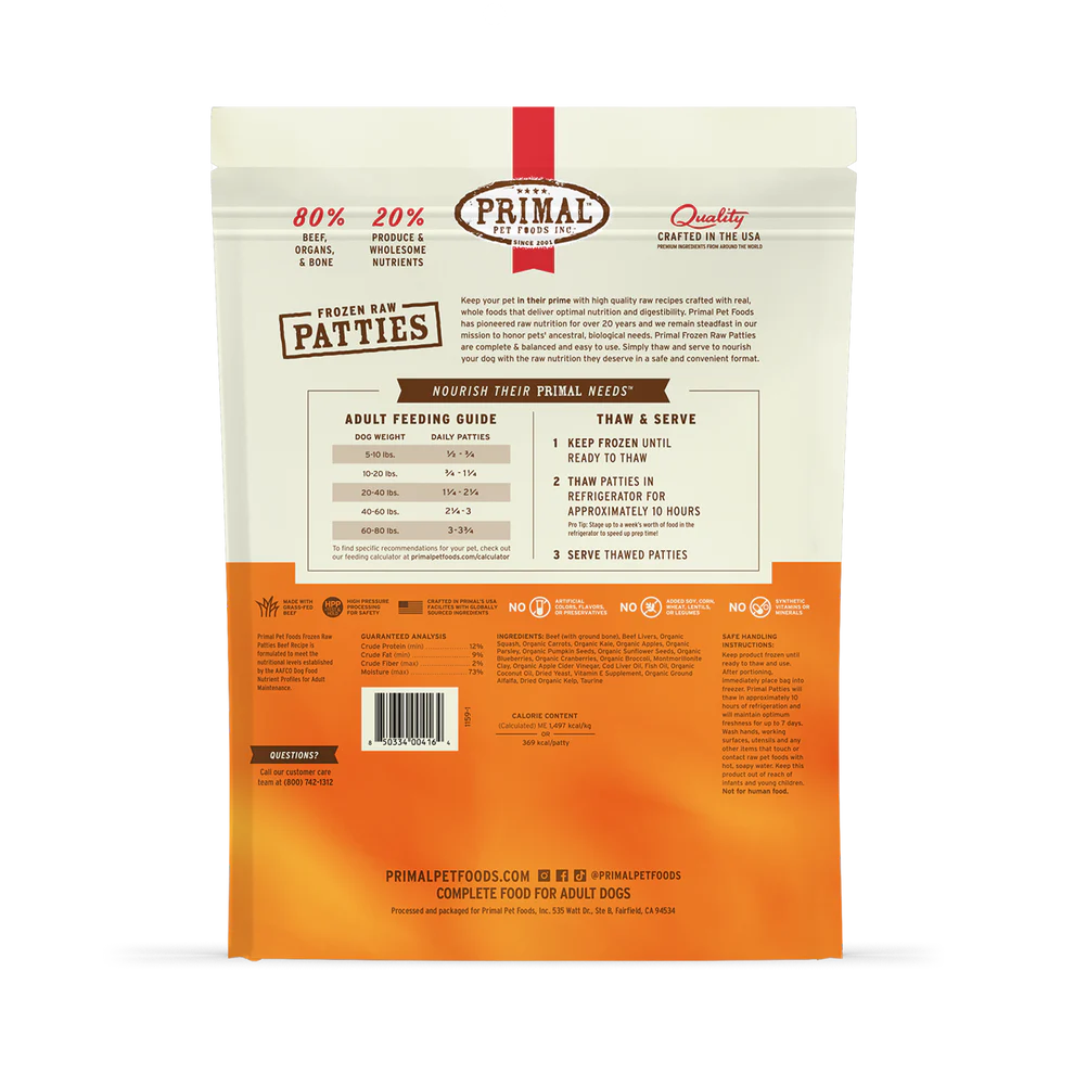 Primal Pet Foods Canine Beef Frozen Patties 6Lb