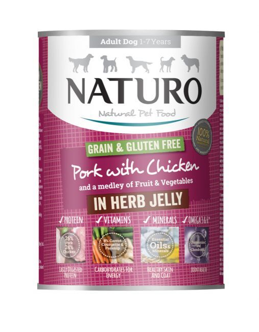 Naturo Grain & Gluten Free Pork with Chicken with a Medley of Fruit & Vegetables in Herb Jelly 390g