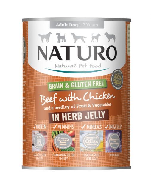 Naturo Grain & Gluten Free Canine Beef & Chicken with Fruit & Vegetables in a Herb Jelly 390g