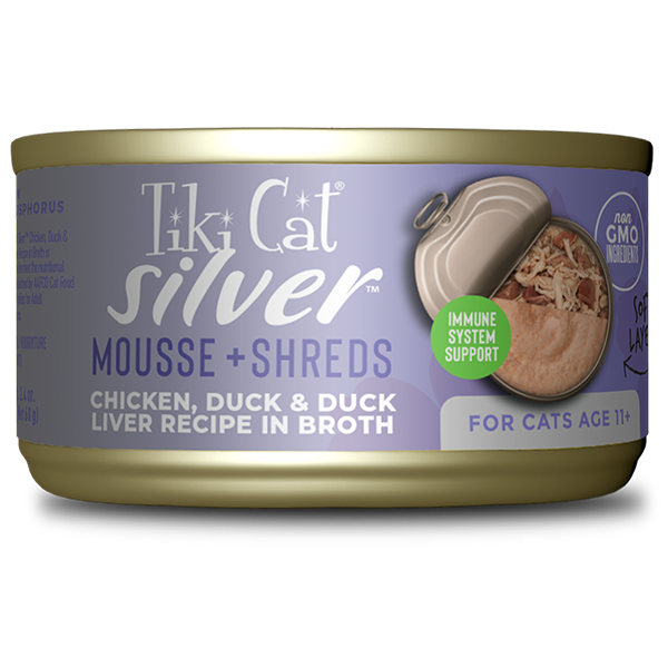 Tiki Cat Silver Senior Mousse & Shreds Chicken, Duck & Liver in Broth 2.4oz