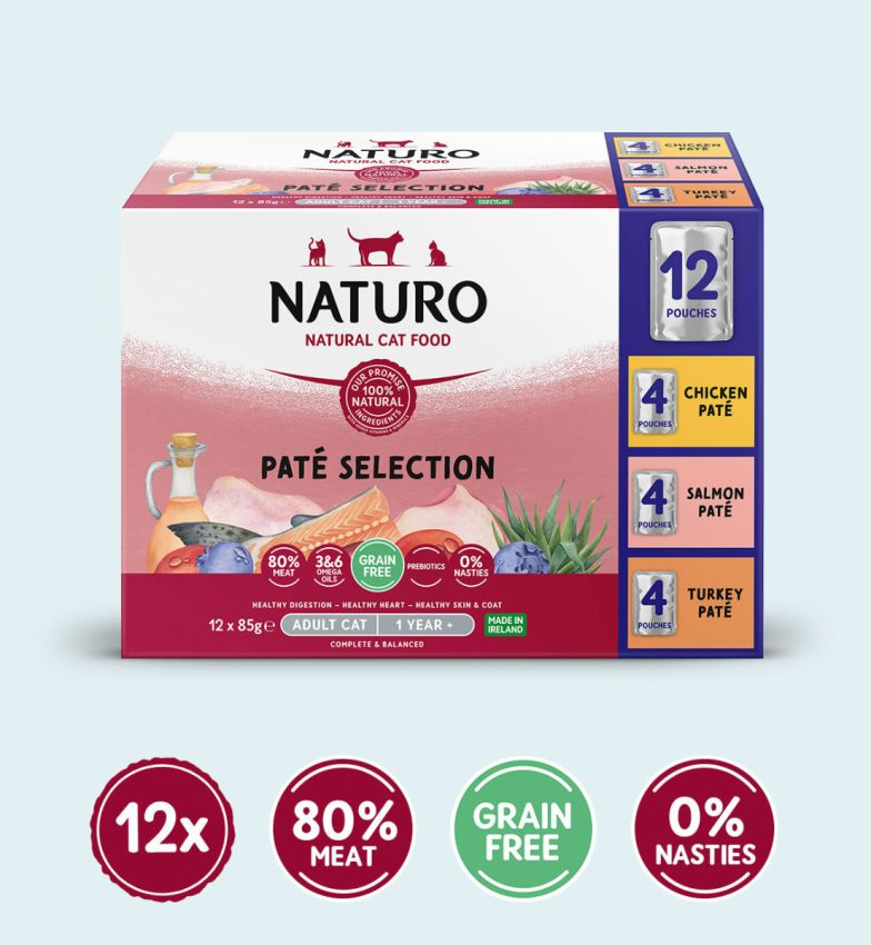 Naturo Cat Variety Pack - Chicken, Salmon and Turkey Pate Pouches 12 x 85g