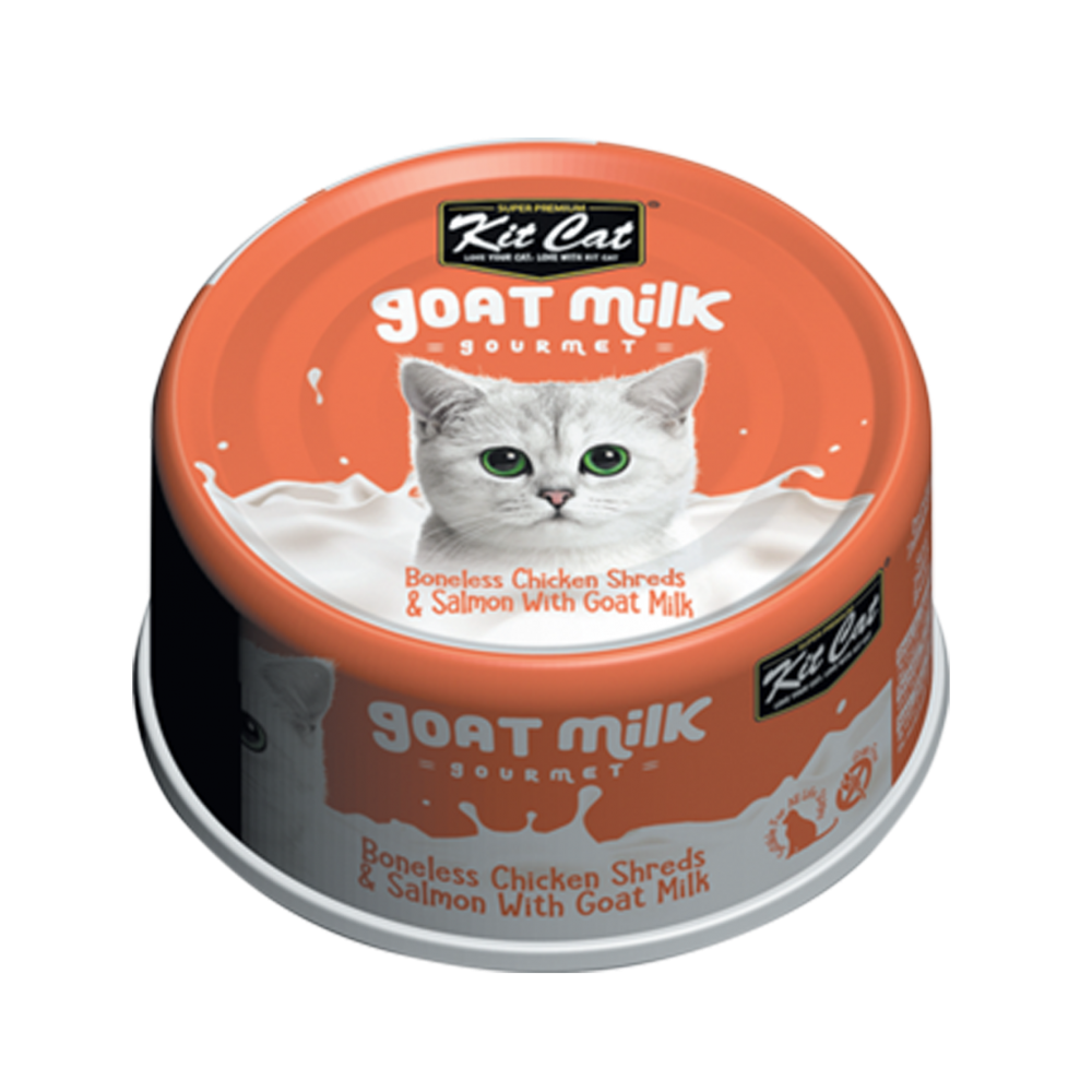 Kit Cat Goat Milk Gourmet Boneless Chicken Shreds & Salmon for Cats 70g