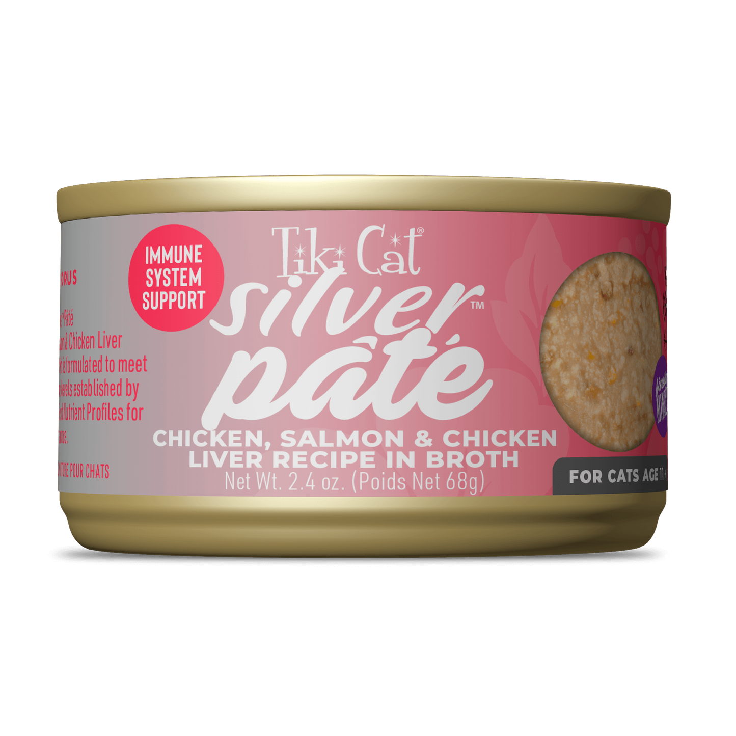Tiki Cat Silver Pate Chicken, Salmon and Chicken Liver in Broth Cat Food 2.4oz